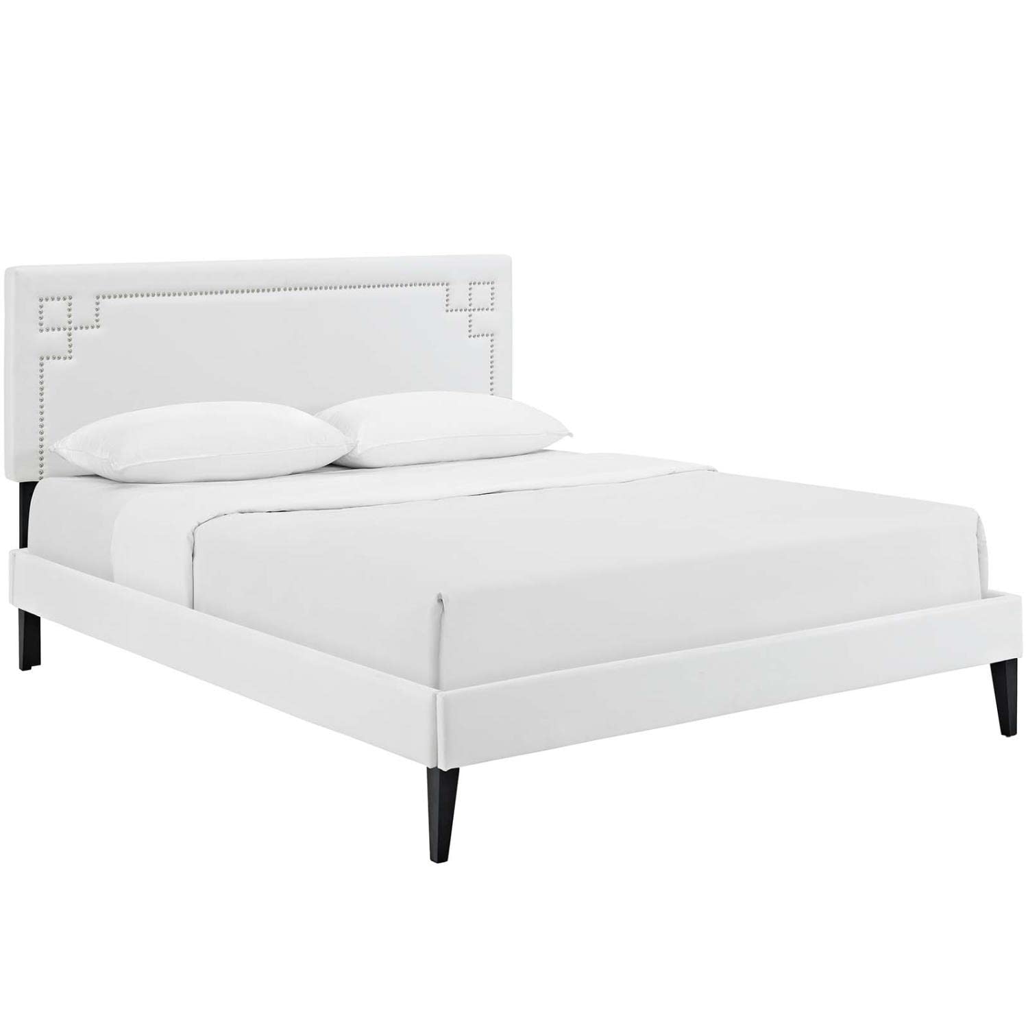 Bed | CasaFoyer Ruthie Platform Bed | Solid Wood | Vinyl Upholstery | Tapered Legs | No Box Spring Needed | Compatible with Memory Foam Mattresses | Queen Size | White | casafoyer.myshopify.com