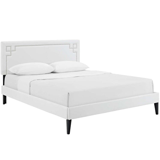 Bed | CasaFoyer Ruthie Platform Bed | Solid Wood | Vinyl Upholstery | Tapered Legs | No Box Spring Needed | Compatible with Memory Foam Mattresses | Queen Size | White | casafoyer.myshopify.com