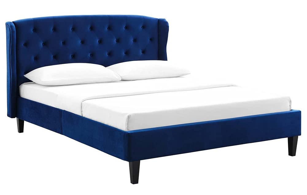 Bed | CasaFoyer Penelope Tufted Performance Velvet Queen Wingback Platform Bed | Navy | Stain-Resistant | Foam Padded | Wood Slat Support | 1100 lbs Weight Capacity | casafoyer.myshopify.com