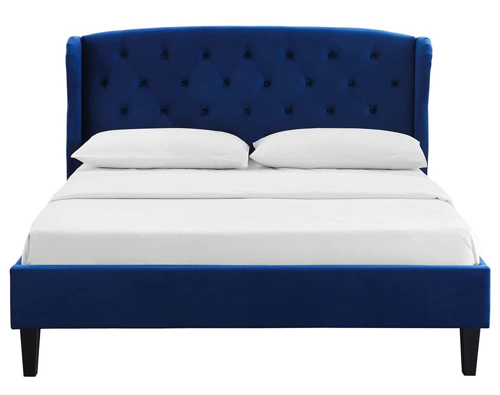 Bed | CasaFoyer Penelope Tufted Performance Velvet Queen Wingback Platform Bed | Navy | Stain-Resistant | Foam Padded | Wood Slat Support | 1100 lbs Weight Capacity | casafoyer.myshopify.com