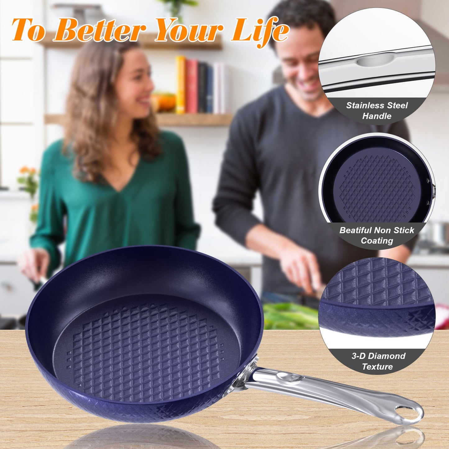 Cookware | CasaFoyer Frying Pan Sets Non Stick 3Pieces Blue 3D Diamond Cookware | casafoyer.myshopify.com