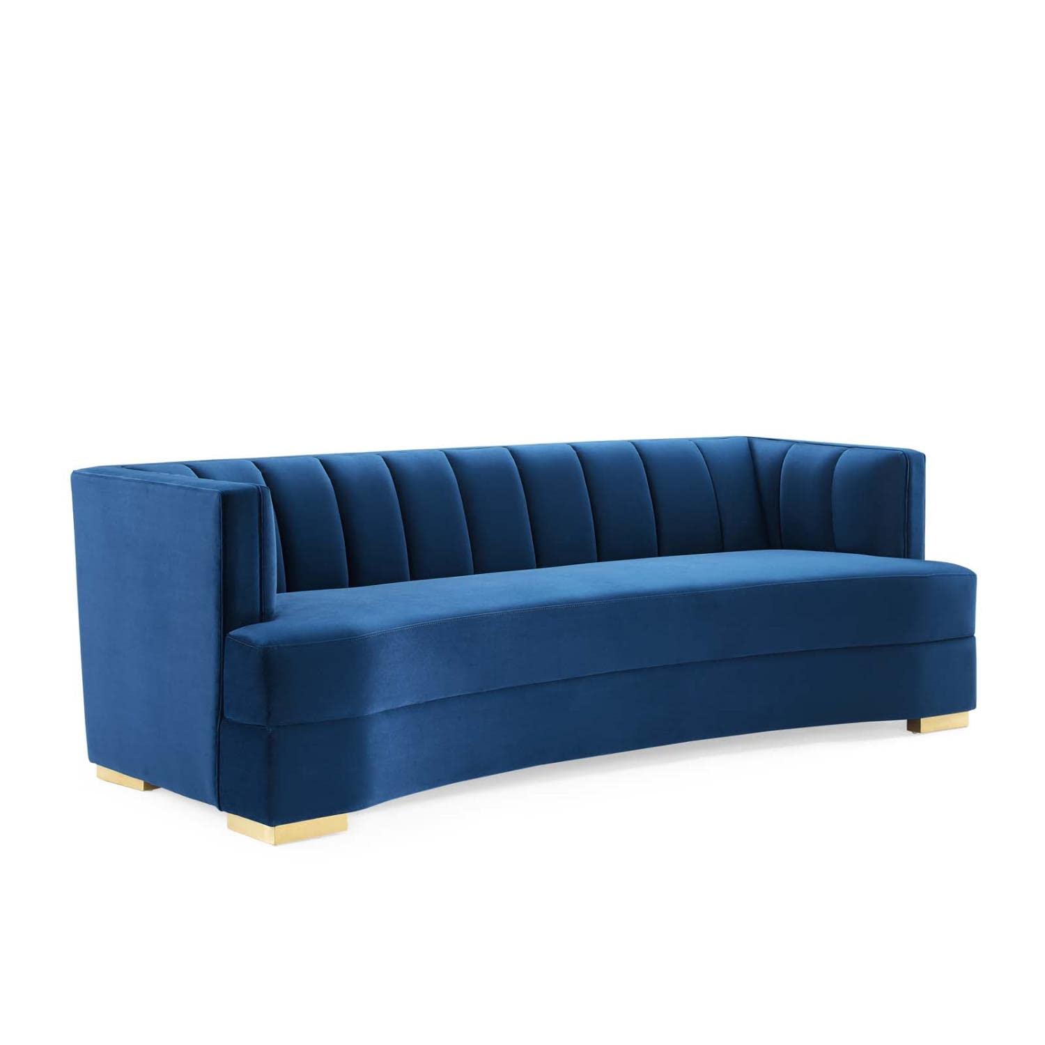 sofas | CasaFoyer Encompass Curved Channel Tufted Performance Velvet Sofa | Art Deco Elegance | Stain-Resistant | Luxuriously Comfortable | Gold Legs | Navy | casafoyer.myshopify.com