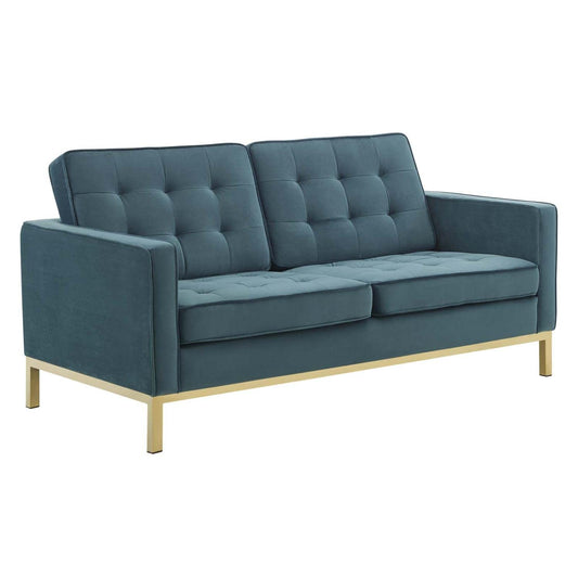 home office desk chairs | CasaFoyer Loft Button Tufted Performance Velvet Loveseat | Retro Modern Design | Gold Teal | casafoyer.myshopify.com