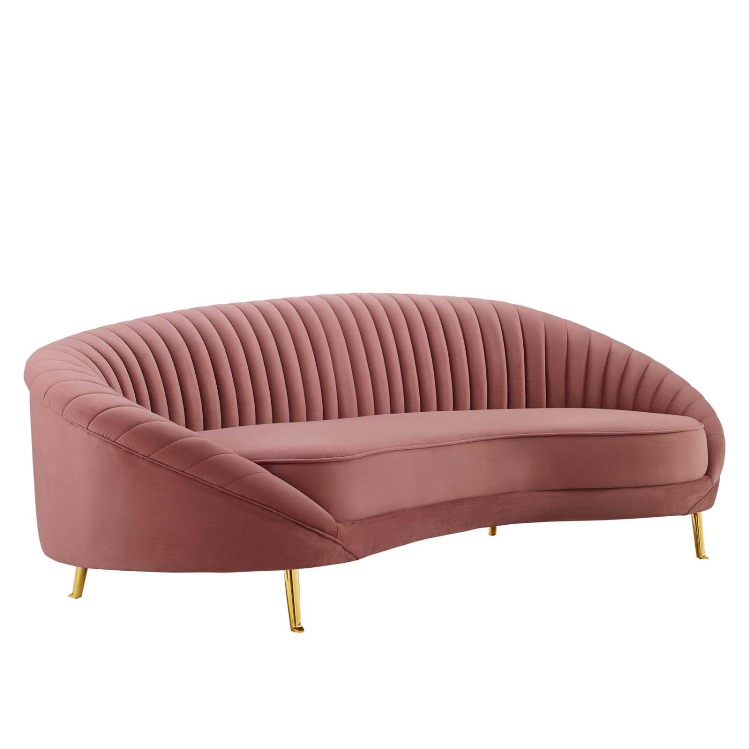 sofas | CasaFoyer Camber Channel Tufted Performance Velvet Sofa | Retro Modern Style | Luxurious & Glamorous | Curved Back Design | Mid-Century Elegance | Dense Foam Padding | Sturdy Frame | Splayed Gold Metal Legs | Dusty Rose | casafoyer.myshopify.com