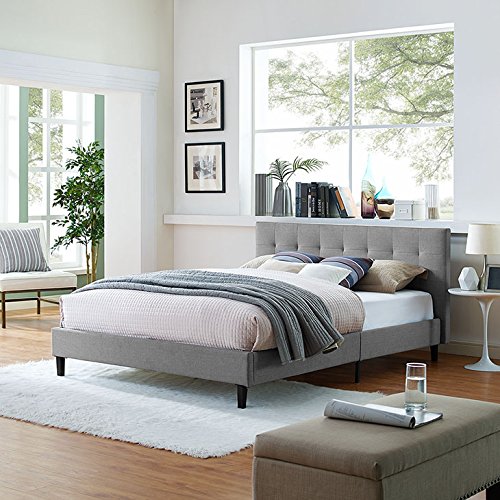 Bed | CasaFoyer Linnea Platform Bed | Elegant Upholstered Tufted Headboard | Solid Wood Legs | Slatted Support System | Queen Size | Light Gray | casafoyer.myshopify.com