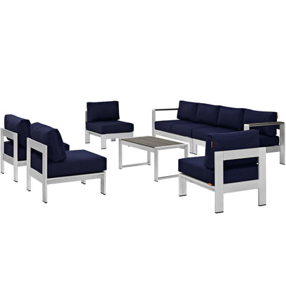kitchen and dining room sets | CasaFoyer Shore Outdoor Patio Collection | Durable Aluminum Frames | Weather Resistant | 7 Piece Sectional Sofa Set | Silver Navy | casafoyer.myshopify.com