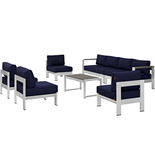 kitchen and dining room sets | CasaFoyer Shore Outdoor Patio Collection | Durable Aluminum Frames | Weather Resistant | 7 Piece Sectional Sofa Set | Silver Navy | casafoyer.myshopify.com