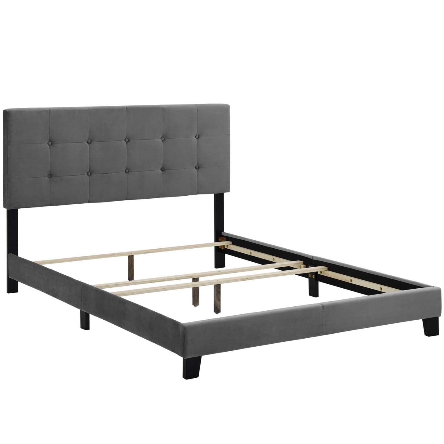 Bed | CasaFoyer Amira Performance Velvet Full Platform Bed | Stain-Resistant Upholstered Base | Button-Tufted Headboard | Wood Frame | Gray | casafoyer.myshopify.com