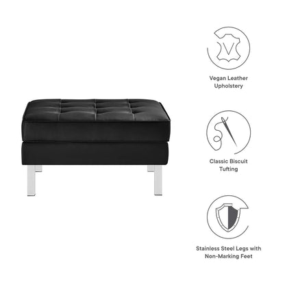 home office desk chairs | CasaFoyer Loft Tufted Faux Leather Ottoman | Contemporary Design | Stainless Steel Frame | Button Tufting | Silver Black | casafoyer.myshopify.com