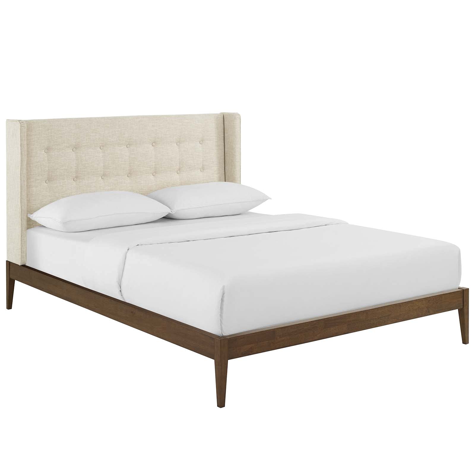 adjustable bed bases | CasaFoyer Hadley Queen Wingback Platform Bed | Mid-Century Modern Design | Biscuit Tufting | Plush Foam Padding | Durable Fabric Upholstery | Sturdy Splayed Legs | Wood Slat Support System | Farmhouse/Rustic/Modern Style | Beige | casafoyer.myshopify.com