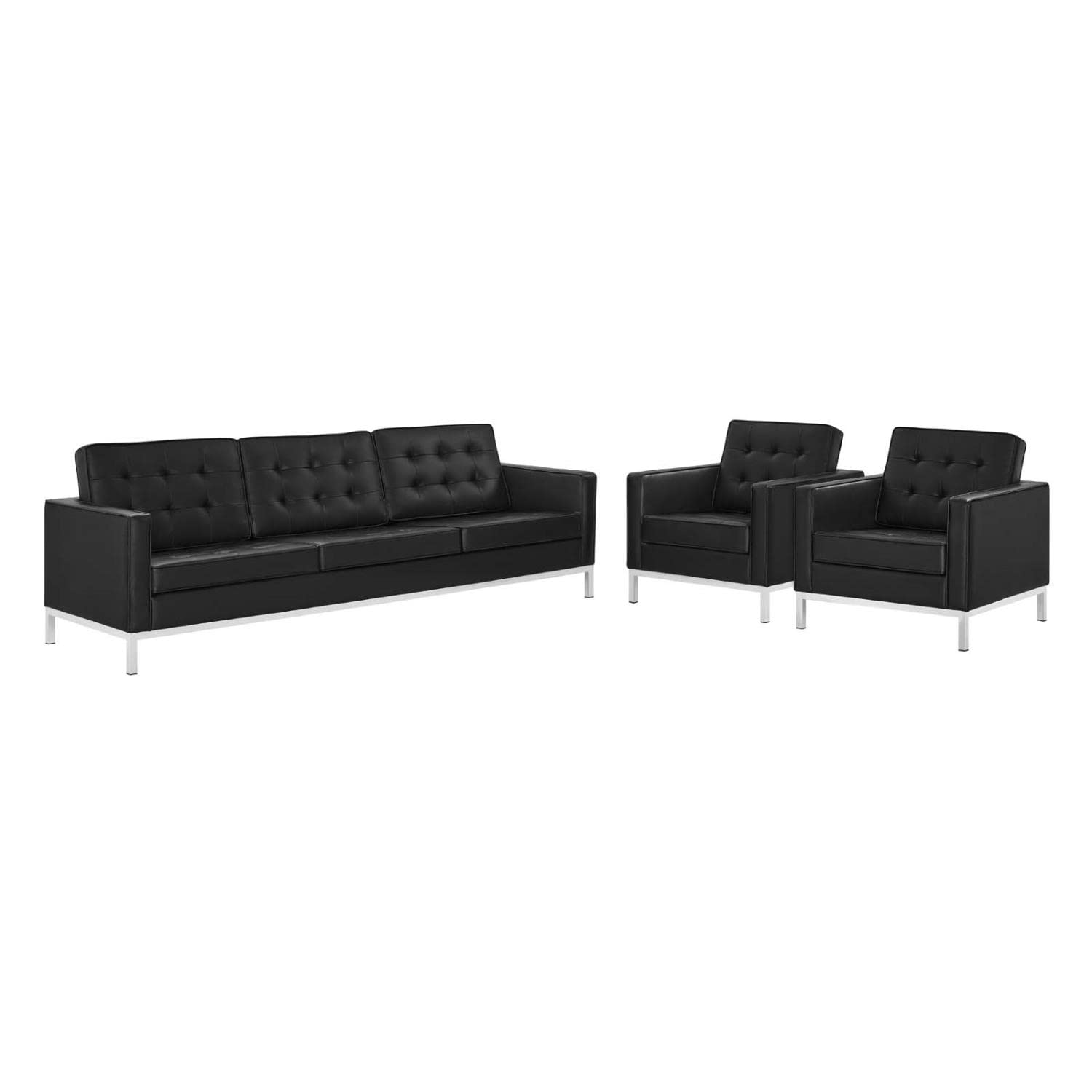 kitchen and dining room sets | CasaFoyer Loft 3 Piece Tufted Faux Leather Accent Set | Modern Mid-Century Style | Sofa & 2 Armchairs | Silver Black | 900 lbs Weight Capacity | casafoyer.myshopify.com
