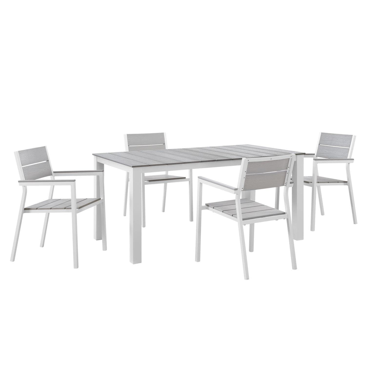 Patio Furniture Sets | Maine Outdoor Patio Dining Furniture Collection | Synthetic Wood Grain Plank Boards | Aluminum Frame | 5 Piece Set | White Light Gray | casafoyer.myshopify.com