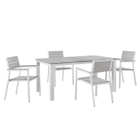 Patio Furniture Sets | Maine Outdoor Patio Dining Furniture Collection | Synthetic Wood Grain Plank Boards | Aluminum Frame | 5 Piece Set | White Light Gray | casafoyer.myshopify.com