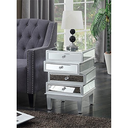 TABLE | Gold Coast J Daniels 4 Drawer End Table | Ample Storage | Mirrored Glass Panels | Faux Crystal Rosette Knobs | Classy Contemporary Look | Ergode | casafoyer.myshopify.com