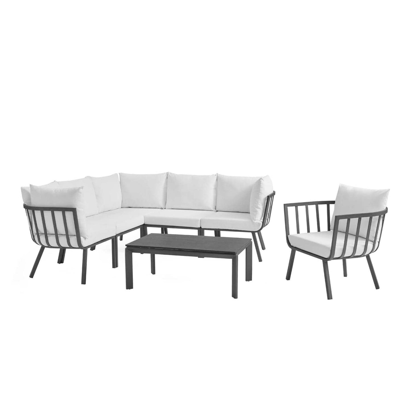 kitchen and dining room sets | CasaFoyer Riverside Outdoor Patio Aluminum Sectional Set | Coastal Design | UV-Resistant Cushions | Powder-Coated Frame | Scratch-Resistant Cement Top | 7 Piece Gray White Set | casafoyer.myshopify.com