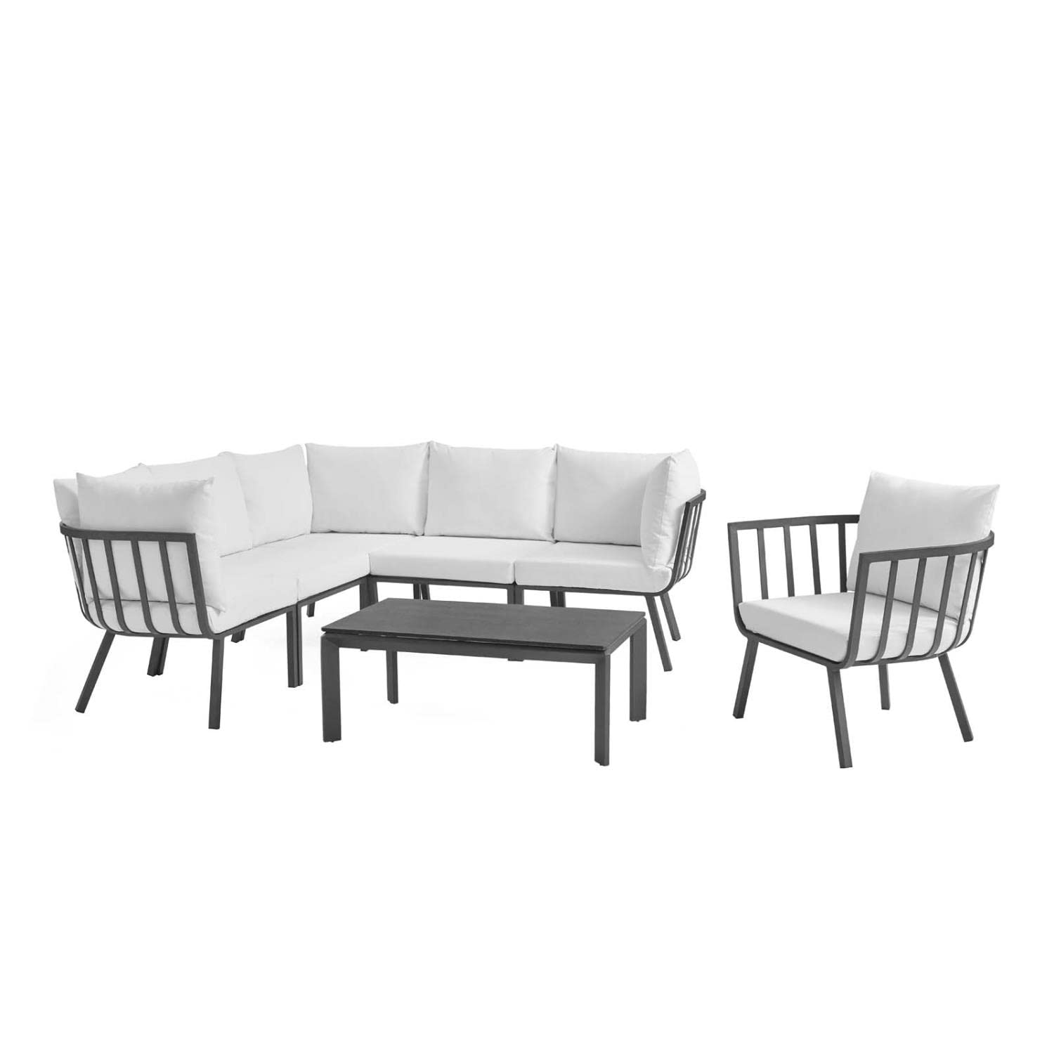 kitchen and dining room sets | CasaFoyer Riverside Outdoor Patio Aluminum Sectional Set | Coastal Design | UV-Resistant Cushions | Powder-Coated Frame | Scratch-Resistant Cement Top | 7 Piece Gray White Set | casafoyer.myshopify.com
