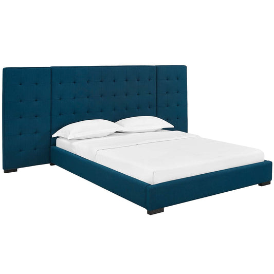 Bed | CasaFoyer Primrose Queen Platform Bed | Timeless Charm | Soft Polyester Upholstery | Foam Padded | Wall Panels | Black-Stained Wood Legs | Biscuit Tufting | Sturdy Slat Support System | 1322 lbs Weight Capacity | casafoyer.myshopify.com