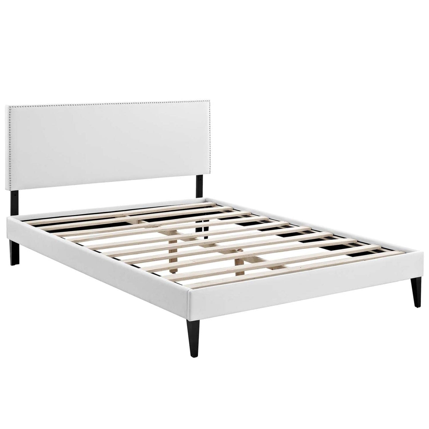 bed frames | CasaFoyer Macie Platform Bed | Solid Wood Frame | Vinyl Upholstery | Tapered Legs | Ideal for Memory Foam Mattresses | Queen Size | White | casafoyer.myshopify.com