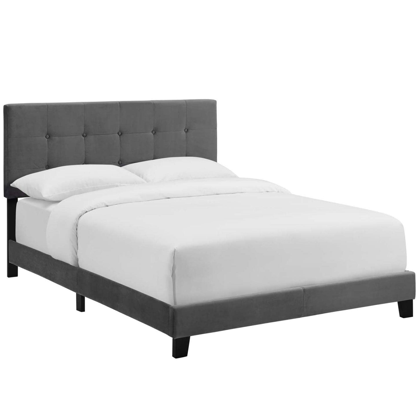 Bed | CasaFoyer Amira Performance Velvet Full Platform Bed | Stain-Resistant Upholstered Base | Button-Tufted Headboard | Wood Frame | Gray | casafoyer.myshopify.com