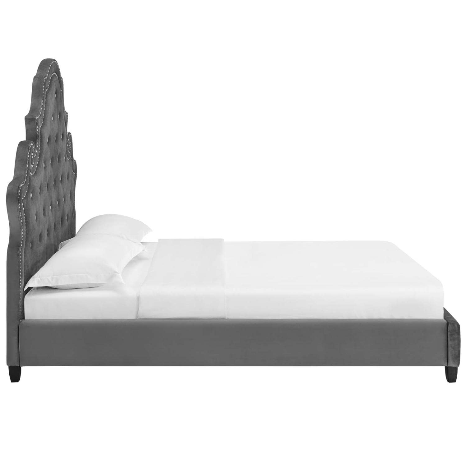 adjustable bed bases | CasaFoyer Valentina Performance Velvet Tufted Nailhead Queen Platform Bed | Elegant Gray Upholstery | Stain-Resistant Fabric | Foam Padding | Sturdy Support System | No Box Spring Required | 1322 lbs Weight Capacity | casafoyer.myshopify.com