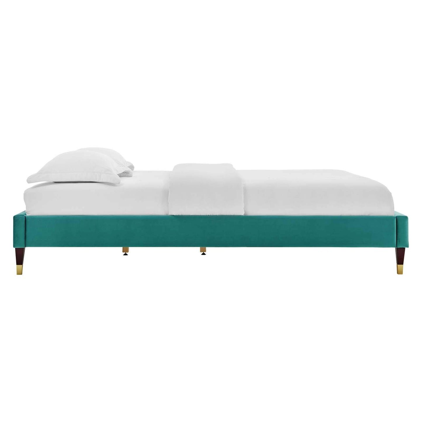 Bed | CasaFoyer Harlow Performance Velvet Full Bed Frame | Wood Legs | Gold Metal Sleeves | Stain-Resistant Velvet | Memory Foam Compatible | 800 lbs Weight Capacity | casafoyer.myshopify.com