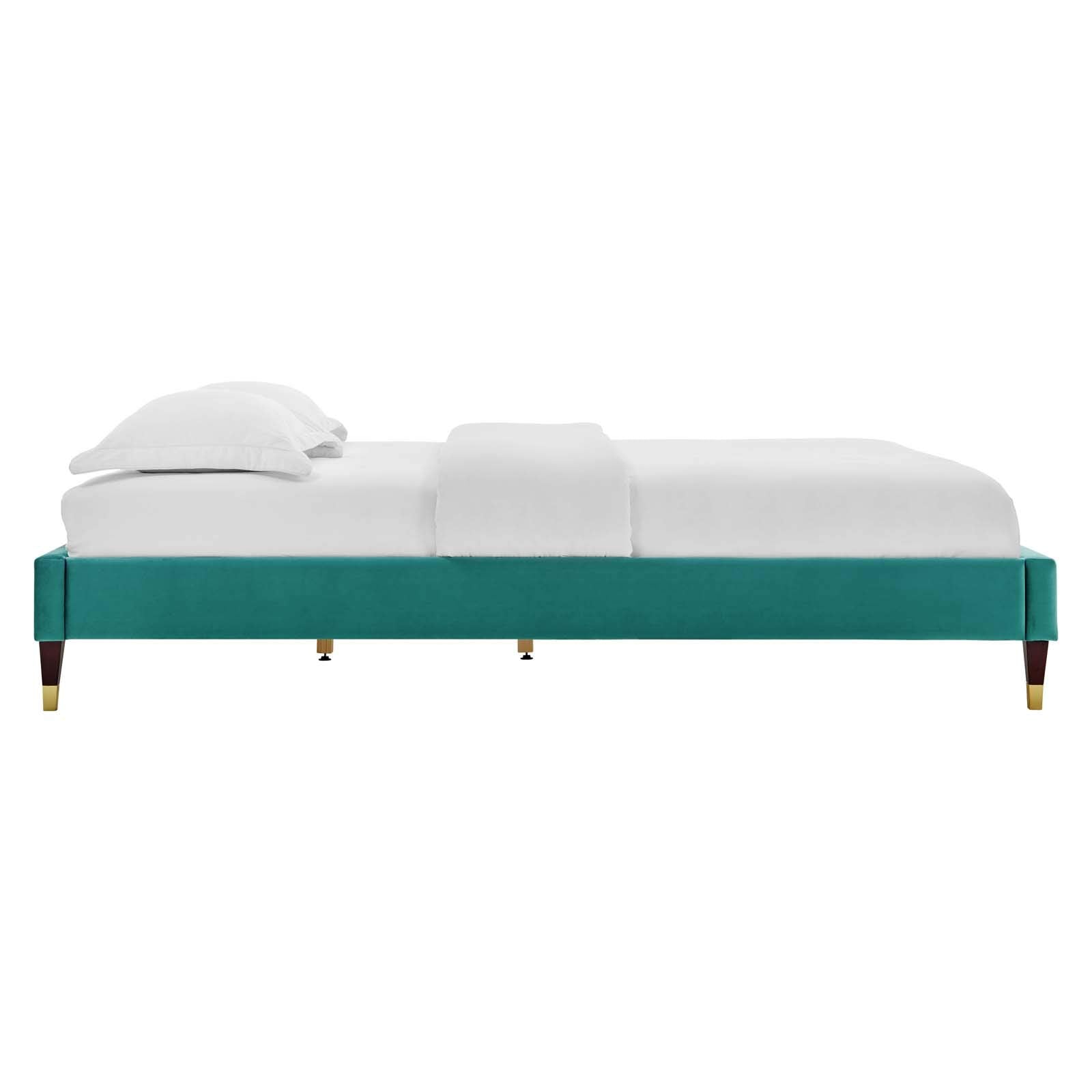 Bed | CasaFoyer Harlow Performance Velvet Full Bed Frame | Wood Legs | Gold Metal Sleeves | Stain-Resistant Velvet | Memory Foam Compatible | 800 lbs Weight Capacity | casafoyer.myshopify.com