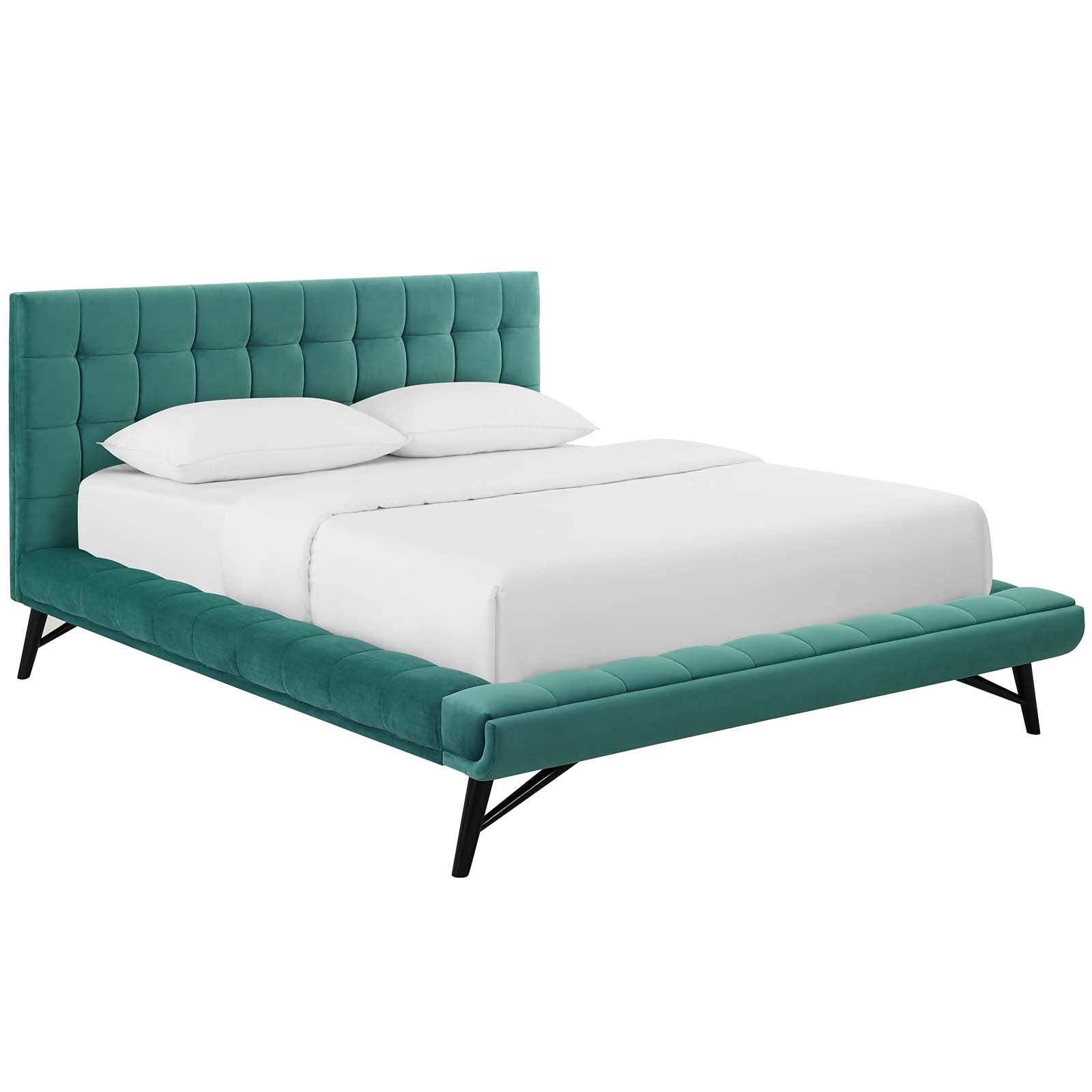 Bed | CasaFoyer Julia Queen Platform Bed | Sturdy Plywood Frame | Biscuit Tufted Headboard | Performance Velvet Upholstery | Wood Slat Support System | Teal | casafoyer.myshopify.com