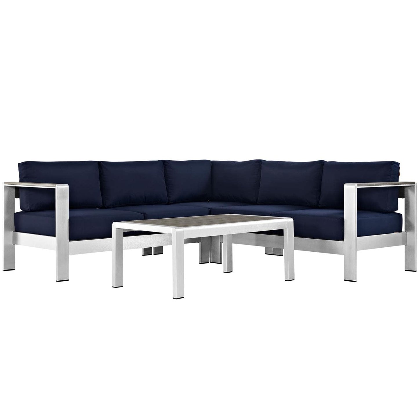 kitchen and dining room sets | CasaFoyer Shore Outdoor Patio Collection | Aluminum Sectional Sofa Set | Sturdy & Weather Resistant | Includes Coffee Table | Silver Navy | casafoyer.myshopify.com