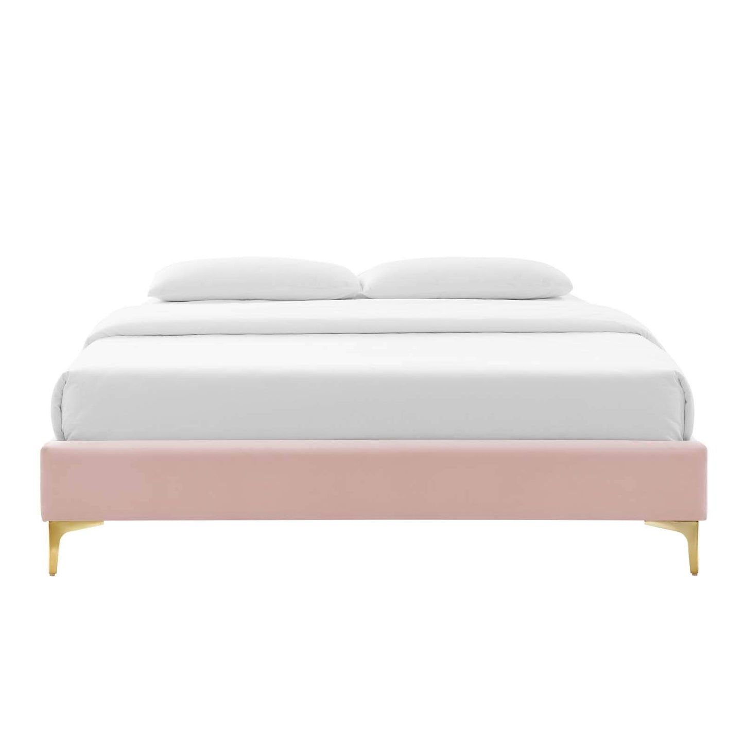 Bed | CasaFoyer Sutton Performance Velvet King Bed Frame | Stain-Resistant | Durable | No Box Spring Needed | Gold Metal Legs | Versatile | Compatible with Various Headboards | Pink | casafoyer.myshopify.com