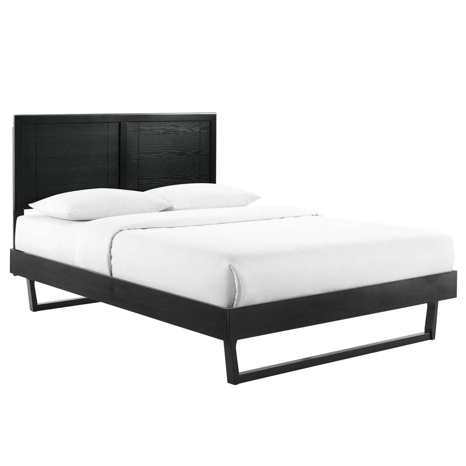 bed frames | CasaFoyer Marlee Wood Queen Platform Bed | Retro Mid-Century Design | Window Pane Headboard | Durable Wood Frame | No Box Spring Needed | Suitable for Various Mattress Types | Easy Assembly | Black | casafoyer.myshopify.com