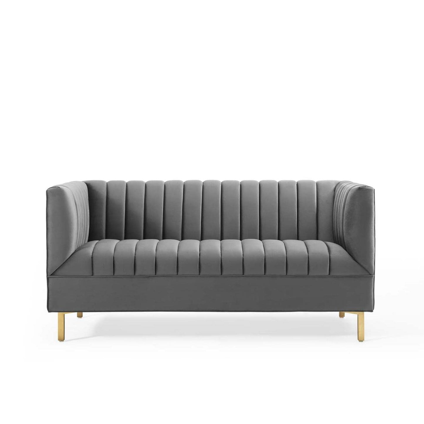 sofas | CasaFoyer Shift Channel Tufted Performance Velvet Living Room Loveseat | Elegant Gray Two-Seater Couch | Gold Stainless Steel Legs | Stain-Resistant & Durable | Assembly Required | 600 lbs Weight Capacity | casafoyer.myshopify.com