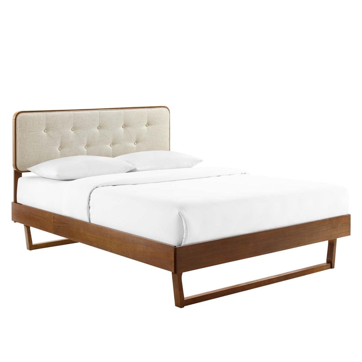 bed frames | CasaFoyer Bridgette Tufted Wood Queen Platform Bed | Modern Retro Style | Durable Construction | No Box Spring Needed | Easy Assembly | Walnut Beige | casafoyer.myshopify.com