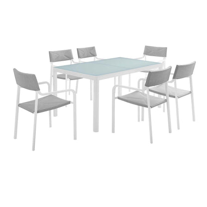 kitchen and dining room sets | CasaFoyer Raleigh 7 Piece Outdoor Dining Set | Elegant & Minimalist Design | Sturdy Aluminum Frame | Easy to Clean Glass Tabletop | Stackable Chairs | UV Resistant Fabric Upholstery | Perfect for Patios, Decks, & Backyards | casafoyer.myshopify.com