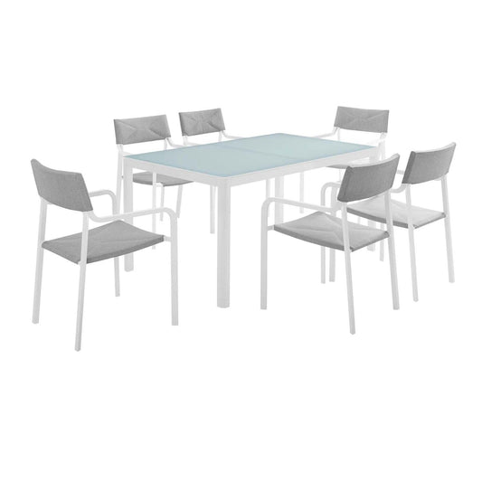 kitchen and dining room sets | CasaFoyer Raleigh 7 Piece Outdoor Dining Set | Elegant & Minimalist Design | Sturdy Aluminum Frame | Easy to Clean Glass Tabletop | Stackable Chairs | UV Resistant Fabric Upholstery | Perfect for Patios, Decks, & Backyards | casafoyer.myshopify.com