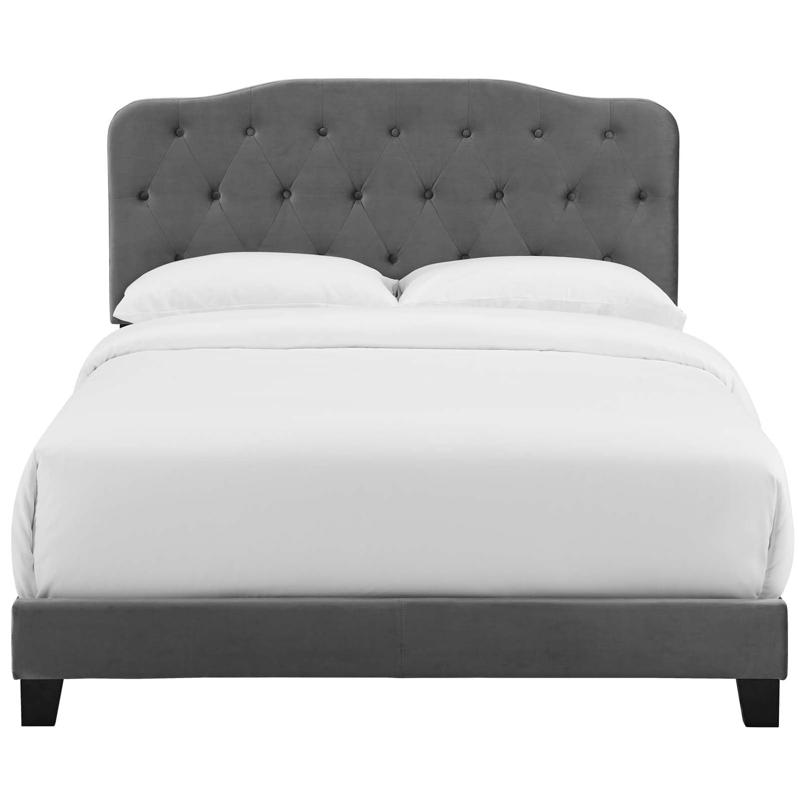 Bed | CasaFoyer Amelia Performance Velvet Queen Bed | Luxurious Design | Stain-Resistant | Button-Tufted Headboard | Solid Wood Construction | Non-Marking Legs | Maximum Stability | Elegant Curves | Opulent Appearance | Gray | casafoyer.myshopify.com