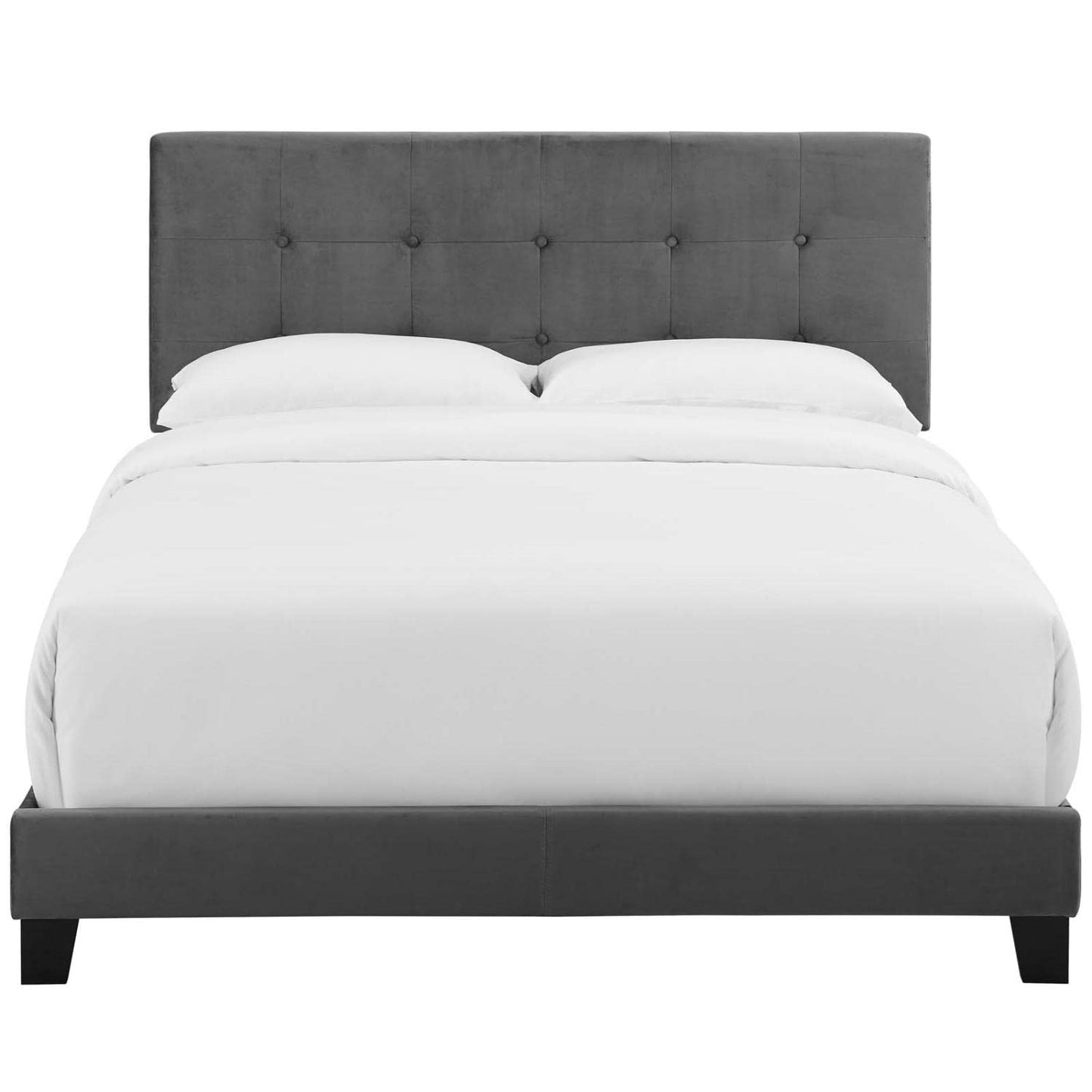 Bed | CasaFoyer Amira Performance Velvet Full Platform Bed | Stain-Resistant Upholstered Base | Button-Tufted Headboard | Wood Frame | Gray | casafoyer.myshopify.com