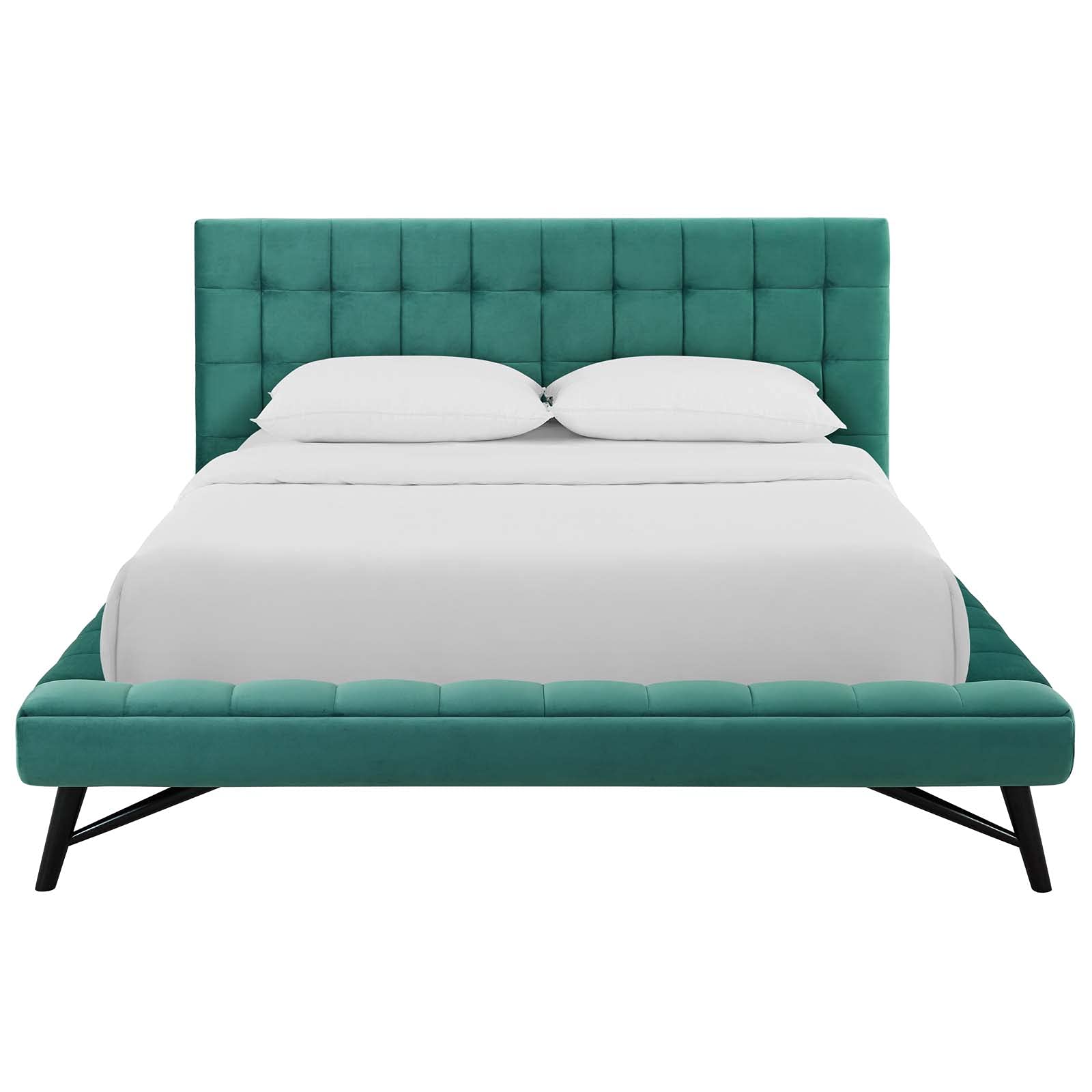 Bed | CasaFoyer Julia Queen Platform Bed | Sturdy Plywood Frame | Biscuit Tufted Headboard | Performance Velvet Upholstery | Wood Slat Support System | Teal | casafoyer.myshopify.com