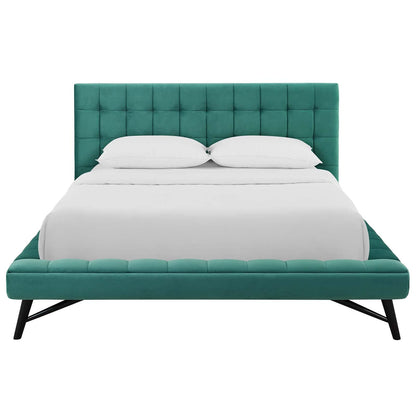 Bed | CasaFoyer Julia Queen Platform Bed | Sturdy Plywood Frame | Biscuit Tufted Headboard | Performance Velvet Upholstery | Wood Slat Support System | Teal | casafoyer.myshopify.com