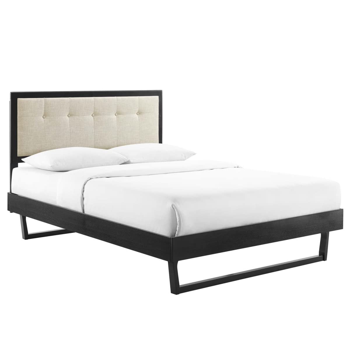bed frames | CasaFoyer Willow Tufted Wood Queen Platform Bed | Contemporary Charm | Mid-Century Design | Wood Frame | Button Tufted Headboard | Sturdy Materials | No Box Spring Needed | Easy Assembly | Black Beige | casafoyer.myshopify.com