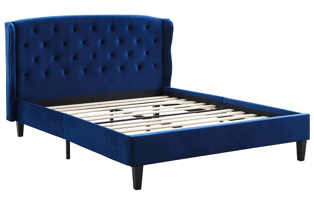 Bed | CasaFoyer Penelope Tufted Performance Velvet Queen Wingback Platform Bed | Navy | Stain-Resistant | Foam Padded | Wood Slat Support | 1100 lbs Weight Capacity | casafoyer.myshopify.com