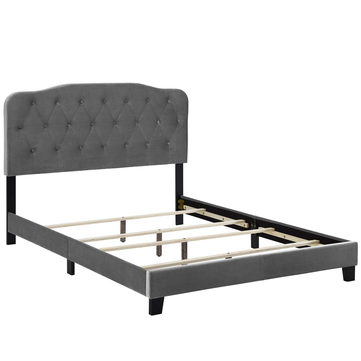 Bed | CasaFoyer Amelia Performance Velvet Queen Bed | Luxurious Design | Stain-Resistant | Button-Tufted Headboard | Solid Wood Construction | Non-Marking Legs | Maximum Stability | Elegant Curves | Opulent Appearance | Gray | casafoyer.myshopify.com