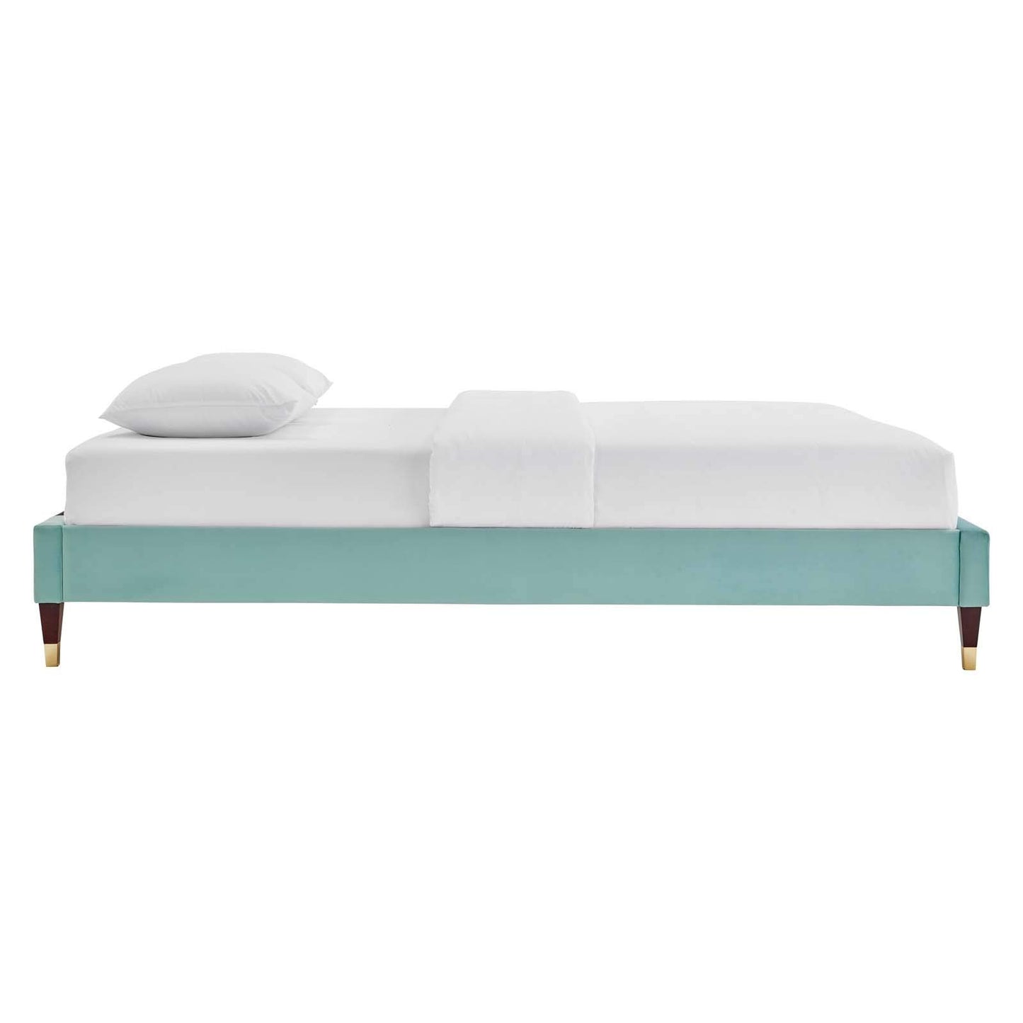 bed frames | CasaFoyer Harlow Performance Velvet Full Bed Frame | Glamorous & Opulent | Wood Legs & Gold Metal Sleeves | Stain-Resistant Velvet | Compatible with Various Mattress Types | Durable & Stable | Assembly Required | 800 lbs. Weight Capacity (Mint) | casafoyer.myshopify.com