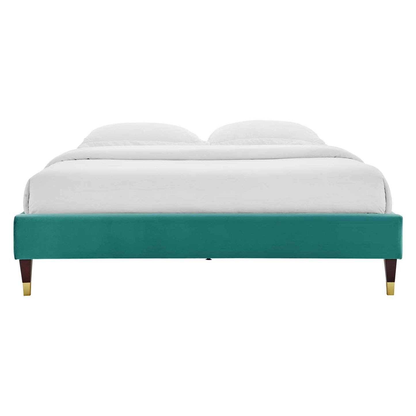 Bed | CasaFoyer Harlow Performance Velvet Full Bed Frame | Wood Legs | Gold Metal Sleeves | Stain-Resistant Velvet | Memory Foam Compatible | 800 lbs Weight Capacity | casafoyer.myshopify.com