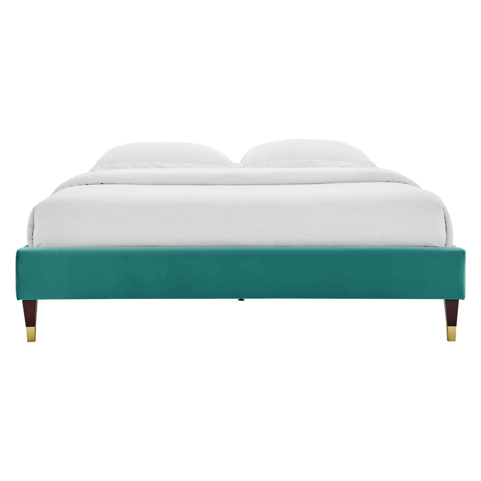 Bed | CasaFoyer Harlow Performance Velvet Full Bed Frame | Wood Legs | Gold Metal Sleeves | Stain-Resistant Velvet | Memory Foam Compatible | 800 lbs Weight Capacity | casafoyer.myshopify.com