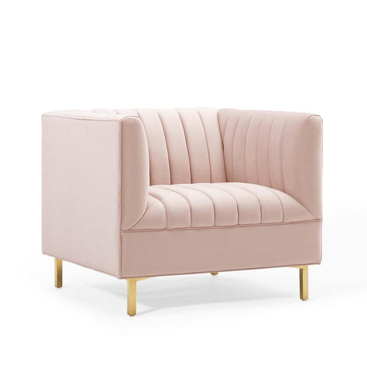 home office desk chairs | CasaFoyer Shift Channel Tufted Performance Velvet Living Room Accent Armchair | Elegant | Stain-Resistant | Gold Legs | Pink | casafoyer.myshopify.com