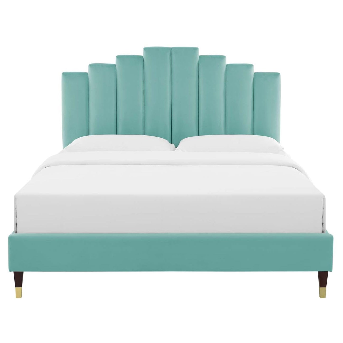 adjustable bed bases | CasaFoyer Elise Performance Velvet Queen Platform Bed | Art Deco Style | Stain-Resistant | Gold Metal Legs | Supports Memory Foam, Innerspring, Latex, Hybrid Mattresses | casafoyer.myshopify.com