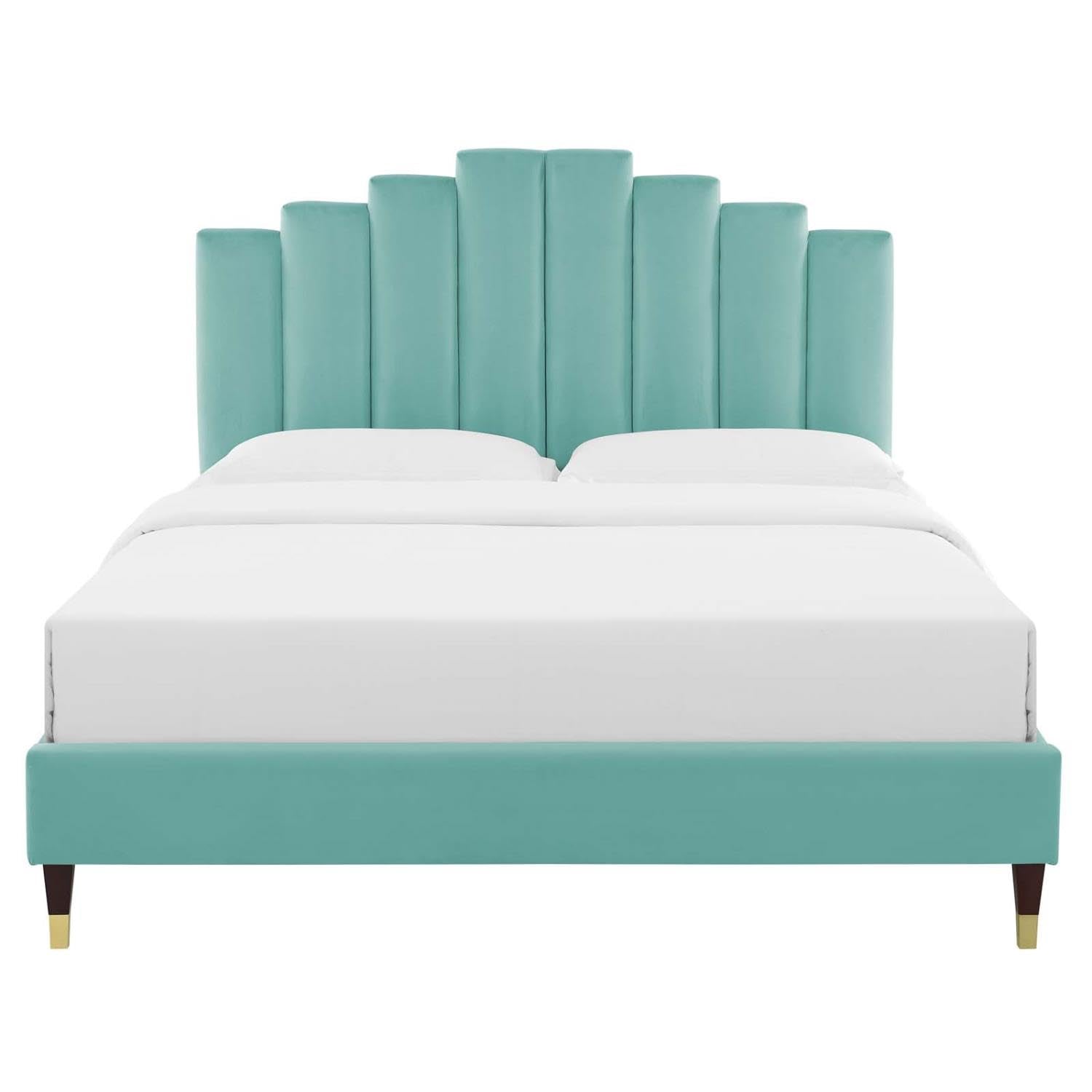 adjustable bed bases | CasaFoyer Elise Performance Velvet Queen Platform Bed | Art Deco Style | Stain-Resistant | Gold Metal Legs | Supports Memory Foam, Innerspring, Latex, Hybrid Mattresses | casafoyer.myshopify.com