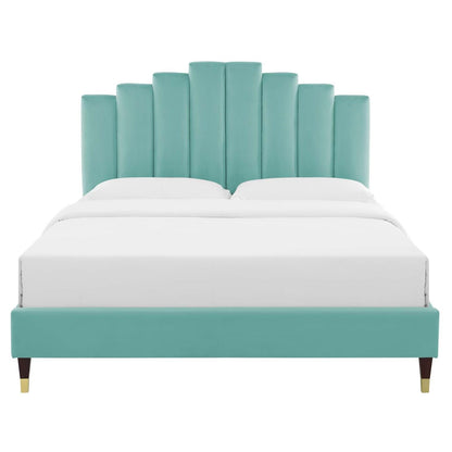 adjustable bed bases | CasaFoyer Elise Performance Velvet Queen Platform Bed | Art Deco Style | Stain-Resistant | Gold Metal Legs | Supports Memory Foam, Innerspring, Latex, Hybrid Mattresses | casafoyer.myshopify.com