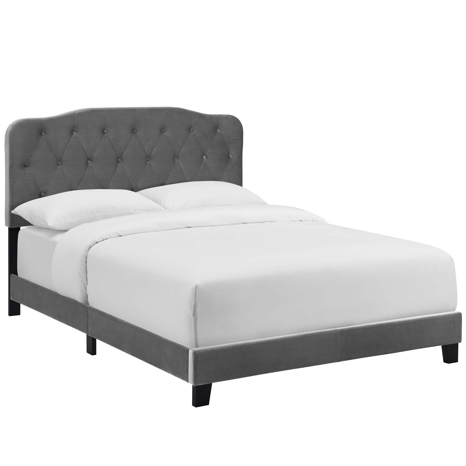 Bed | CasaFoyer Amelia Performance Velvet Queen Bed | Luxurious Design | Stain-Resistant | Button-Tufted Headboard | Solid Wood Construction | Non-Marking Legs | Maximum Stability | Elegant Curves | Opulent Appearance | Gray | casafoyer.myshopify.com