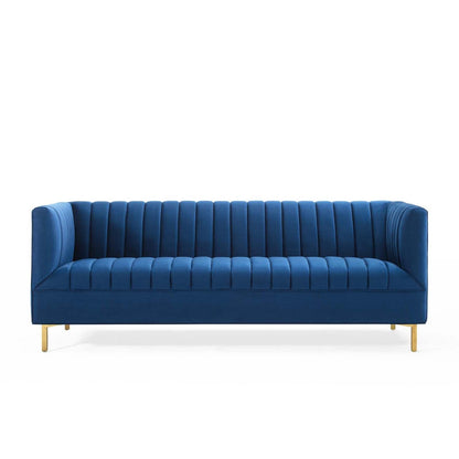 sofas | CasaFoyer Shift Channel Tufted Performance Velvet Living Room Sofa | Elegant Navy Upholstery | Stain-Resistant | Gold Legs | 900 lbs Capacity | casafoyer.myshopify.com